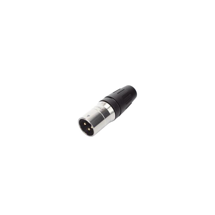 CONECTOR MACHO XLR DE 3 NÚCLEOS CON CARCASA DE ACERO INOXIDABLE Y CONTACTOS CHAPADOS EN ORO