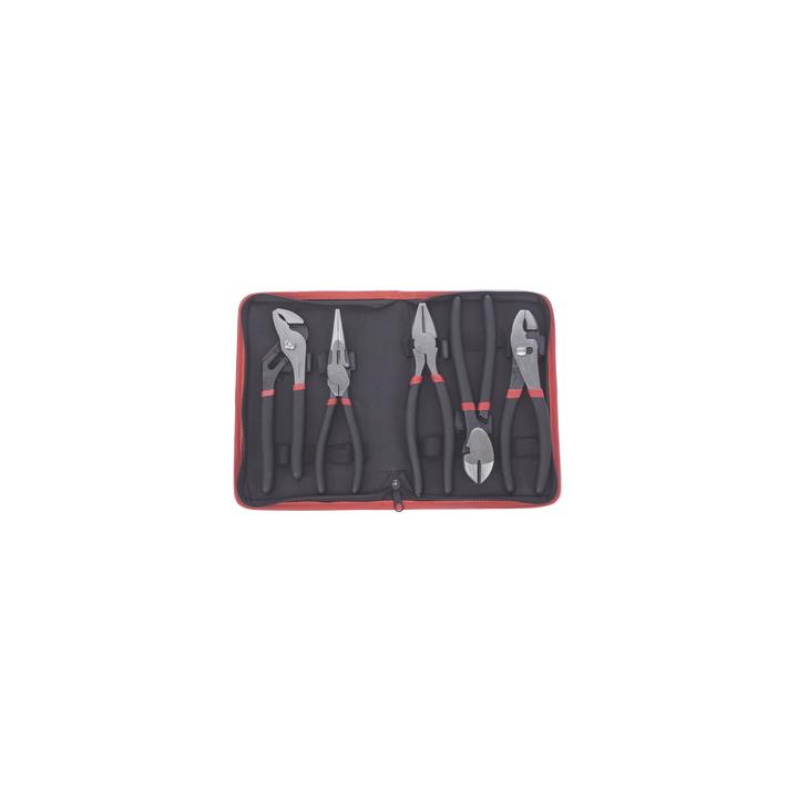Juego de 5 Pinzas de 8" con Estuche. Incluye: P. Mecánica, P. para Tubo, P. Eléctrica, P. Corte, Nariz Larga.
