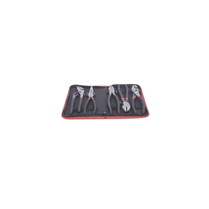 Juego de 5 Pinzas de 8" con Estuche. Incluye: P. Mecánica, P. para Tubo, P. Eléctrica, P. Corte, Nariz Larga.