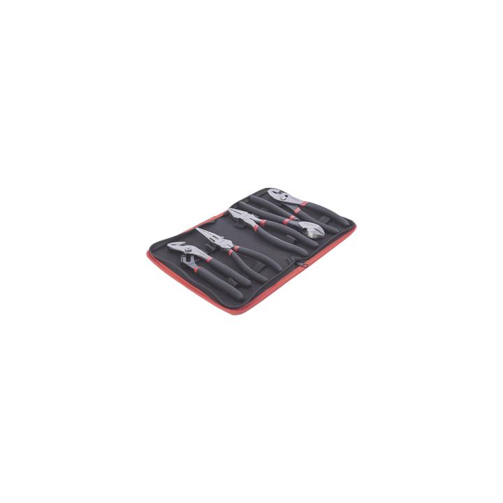Juego de 5 Pinzas de 8" con Estuche. Incluye: P. Mecánica, P. para Tubo, P. Eléctrica, P. Corte, Nariz Larga.