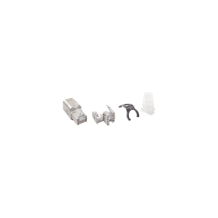 Plug RJ45 Cat6A Blindado, Terminación en Campo, Compatible con Todas las Categorías, con Clip Protector de Seguro