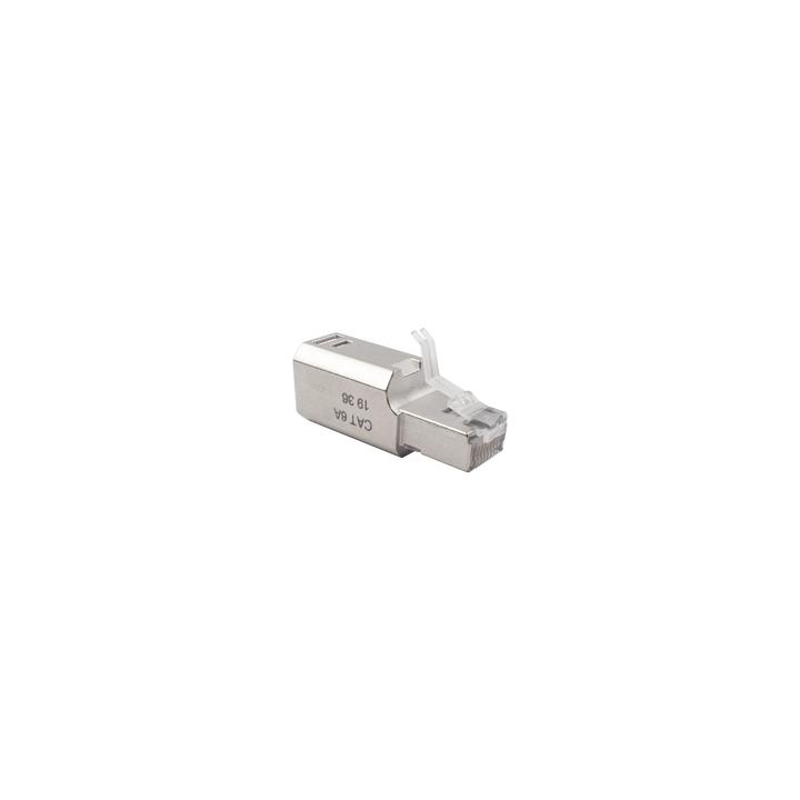 Plug RJ45 Cat6A Blindado, Terminación en Campo, Compatible con Todas las Categorías, con Clip Protector de Seguro