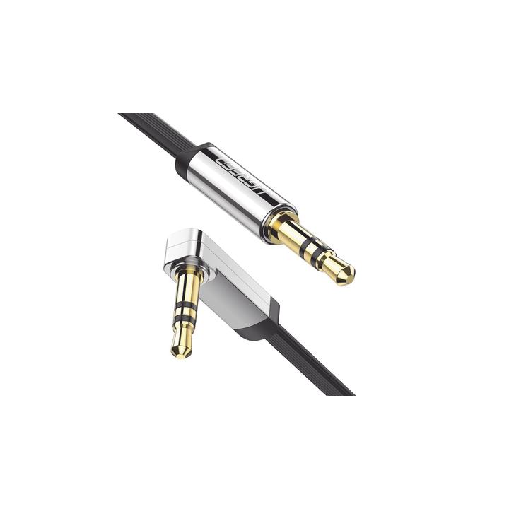 Cable Auxiliar Plano 2 Metros / Conector 3.5mm a 3.5mm / Macho-Macho / Recto a Angulo / Ángulo de 90° en una de sus