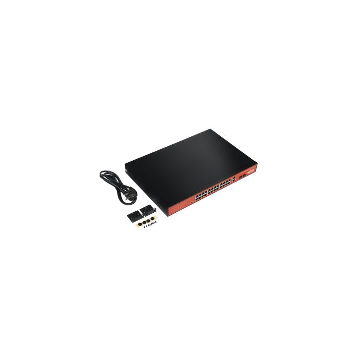 Switch PoE (802.3af/at/bt) / No administrable de largo alcance / Hasta 250m / Con 24 x 10/100Mbps + 2 x SFP Gigabit