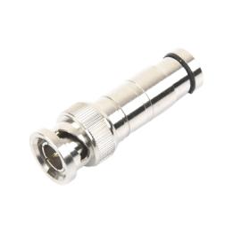 Conector BNC Macho en 75 Ohm, de Compresión Axial para Cable Coaxial RG-59/U, Níquel/ Oro/ Politetrafluoroetileno.