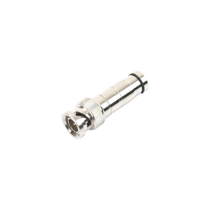 Conector BNC Macho en 75 Ohm, de Compresión Axial para Cable Coaxial RG-59/U, Níquel/ Oro/ Politetrafluoroetileno.