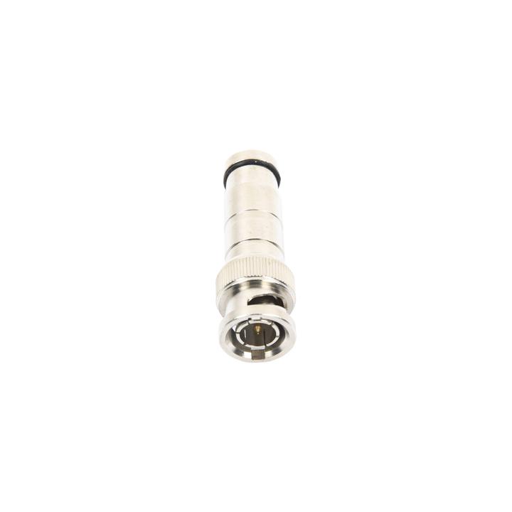 Conector BNC Macho en 75 Ohm, de Compresión Axial para Cable Coaxial RG-59/U, Níquel/ Oro/ Politetrafluoroetileno.