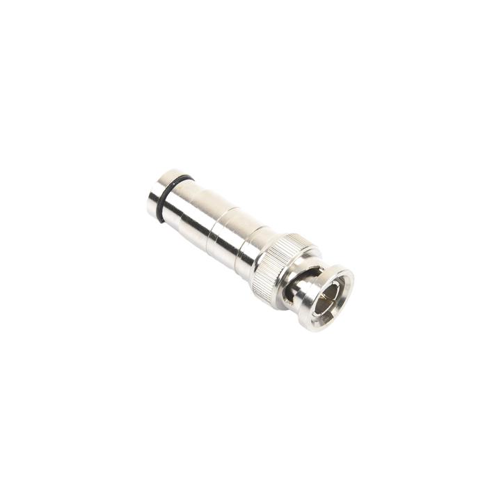 Conector BNC Macho en 75 Ohm, de Compresión Axial para Cable Coaxial RG-59/U, Níquel/ Oro/ Politetrafluoroetileno.