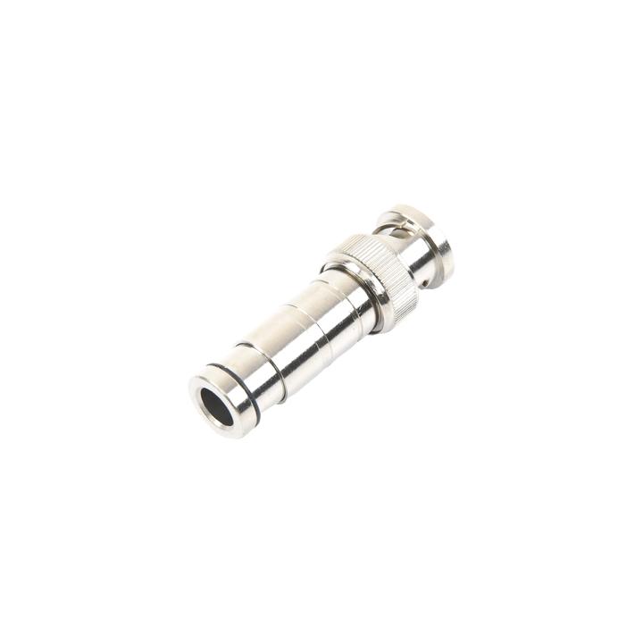 Conector BNC Macho en 75 Ohm, de Compresión Axial para Cable Coaxial RG-59/U, Níquel/ Oro/ Politetrafluoroetileno.