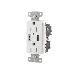 Contacto Dúplex con 2 Puertos USB, 15A 125V, 2 Polos, 3 Hilos, Color Blanco.