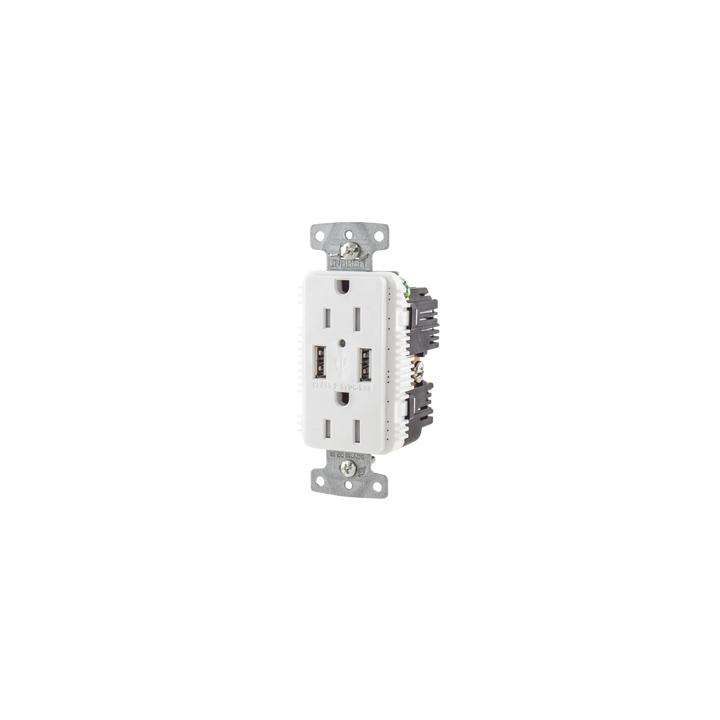 Contacto Dúplex con 2 Puertos USB, 15A 125V, 2 Polos, 3 Hilos, Color Blanco.