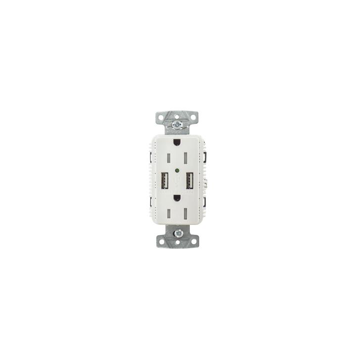 Contacto Dúplex con 2 Puertos USB, 15A 125V, 2 Polos, 3 Hilos, Color Blanco.