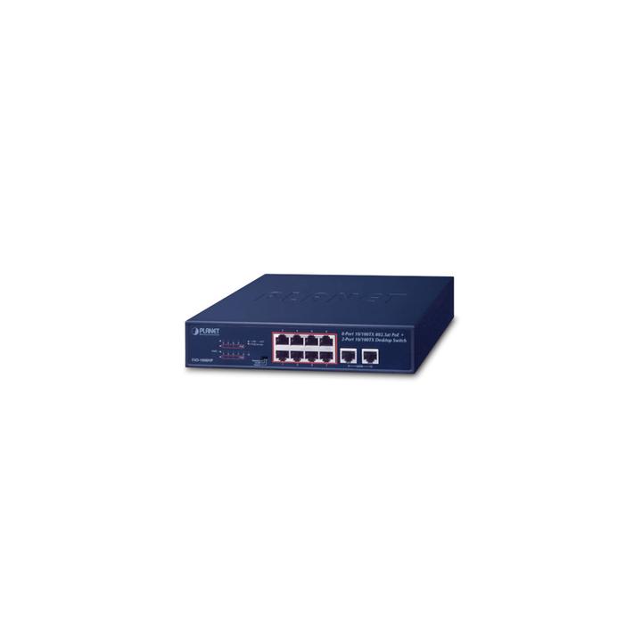 Switch de Escritorio de 8 Puertos 10/100TX 802.3at PoE+ / 2 Puertos 10/100TX / 120W PoE Budget / Modos Standard, VLAN y