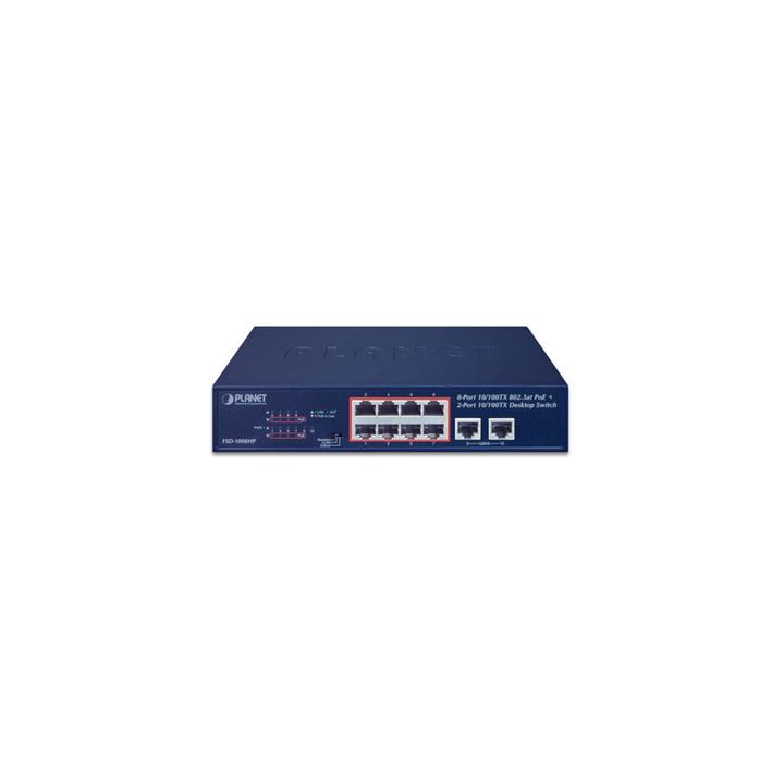 Switch de Escritorio de 8 Puertos 10/100TX 802.3at PoE+ / 2 Puertos 10/100TX / 120W PoE Budget / Modos Standard, VLAN y