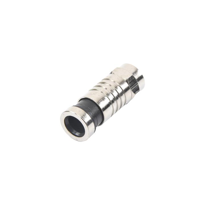 Conector F Macho de Compresión para cable RG-6, Cuerpo de Bronce Niquelado.