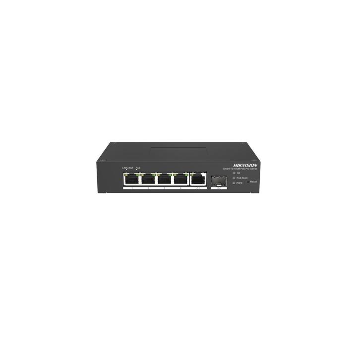 Switch PoE+ Industrial de Escritorio / Administrable / 4 Puertos 10/100 Mbps PoE+ / 1 Puerto 1000 Mbps Uplink / 1