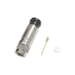 Conector F Macho de Compresión Axial con Borne Negro para instalar en Cable Coaxial RG-11, 75 Ohm, Bronce-Niquelado.