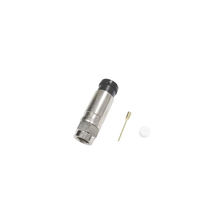 Conector F Macho de Compresión Axial con Borne Negro para instalar en Cable Coaxial RG-11, 75 Ohm, Bronce-Niquelado.