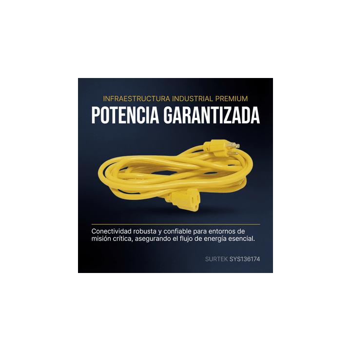 Extensión Eléctrica de Uso Rudo Aterrizada 15 metros / 127 V CA 10 A Máximo / Color Amarillo.