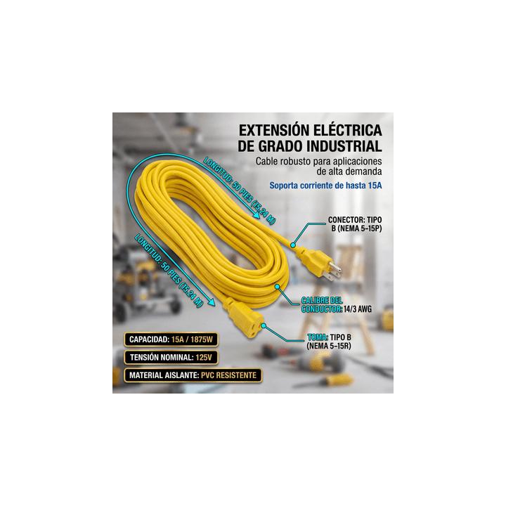 Extensión Eléctrica de Uso Rudo Aterrizada 15 metros / 127 V CA 10 A Máximo / Color Amarillo.