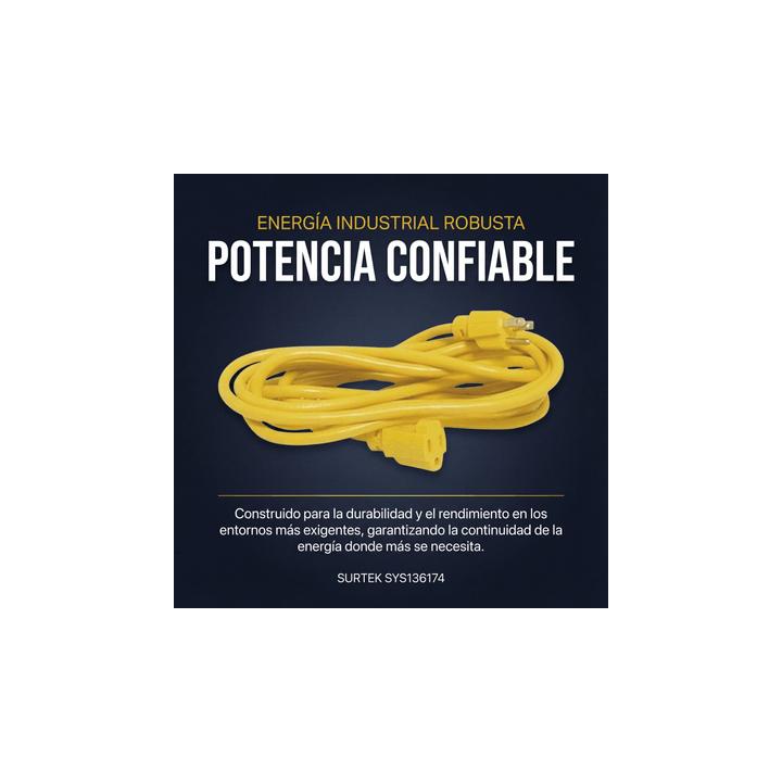 Extensión Eléctrica de Uso Rudo Aterrizada 15 metros / 127 V CA 10 A Máximo / Color Amarillo.
