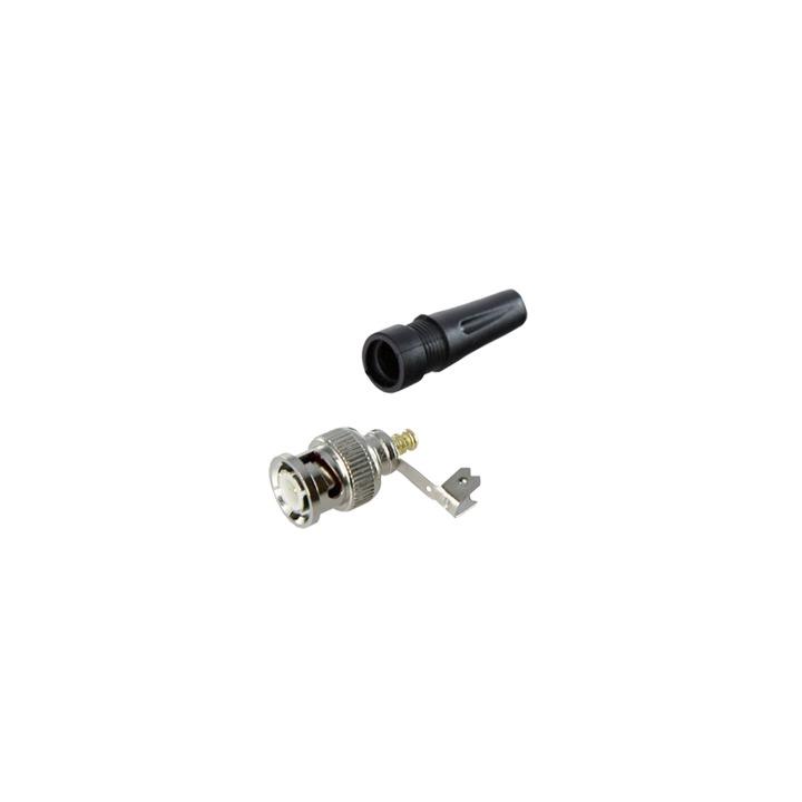 Conector BNC macho en 75 Ohm, para cable coaxial RG-59 / Con base de alivio negra de PVC, Níquel/ Oro/ PTFE.