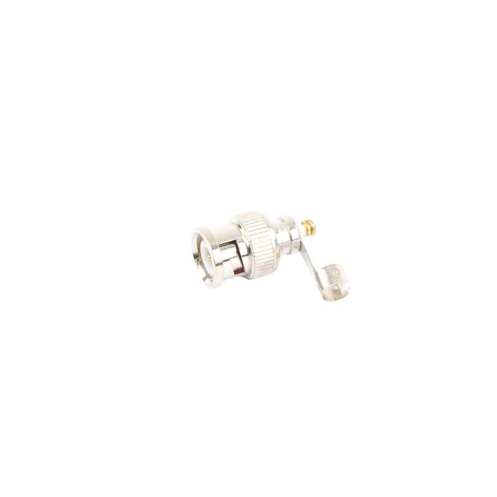 Conector BNC macho en 75 Ohm, para cable coaxial RG-59 / Con base de alivio negra de PVC, Níquel/ Oro/ PTFE.