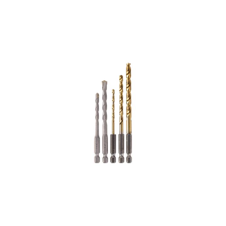 Juego de 5 Brocas con Inserción Hexagonal de 1/4". De concreto: 3/16" y 1/4". Para metal: 1/8", 3/16" y 1/4".