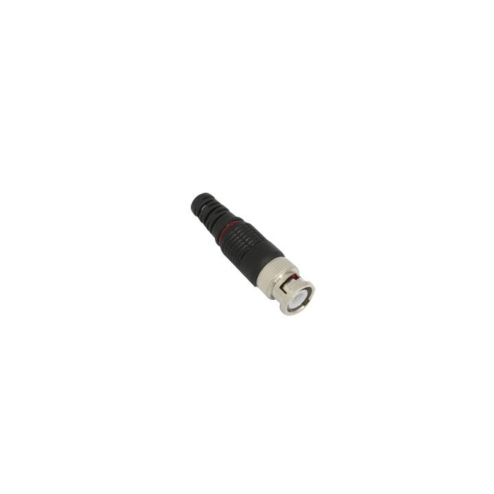 Conector BNC macho en 75 Ohm con Base de Alivio Plástica Negra para Cable Coaxial RG-59/ Níquel/ Oro / Teflón.