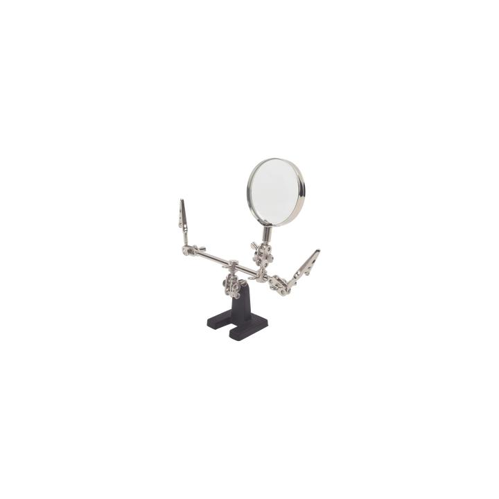 Soporte con lupa y dos brazos con clip. Ideal para trabajos de soldadura.