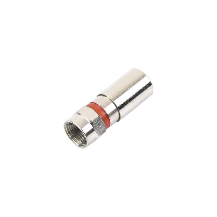 Conector F Macho de Compresión, Metálico para cable RG-59, Cuerpo de Bronce Niquelado.