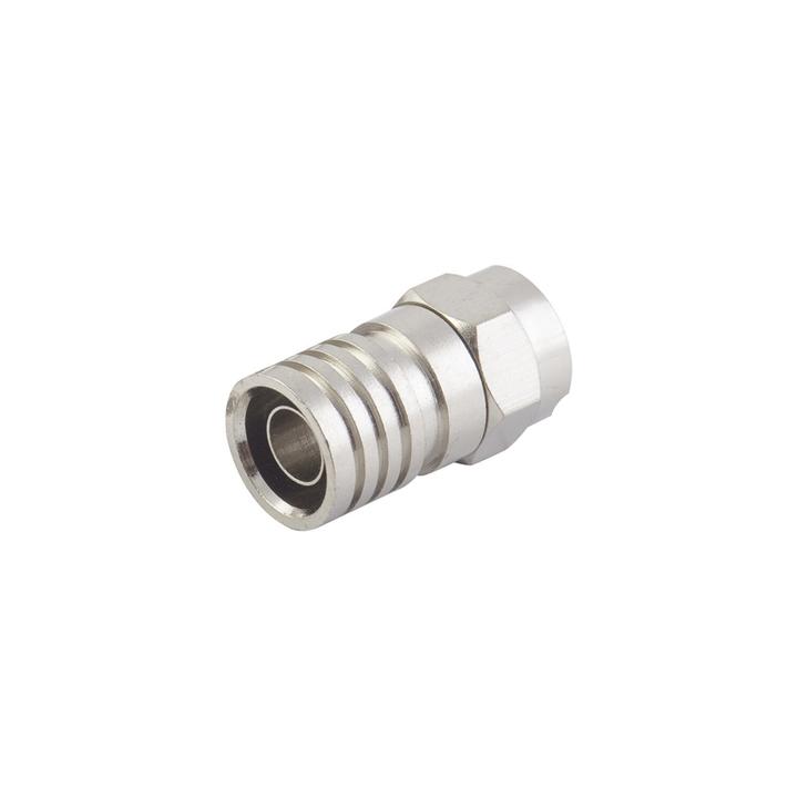 Conector F Macho, Plegable de Doble Blindaje para cable RG-6, Cuerpo de Bronce Niquelado.