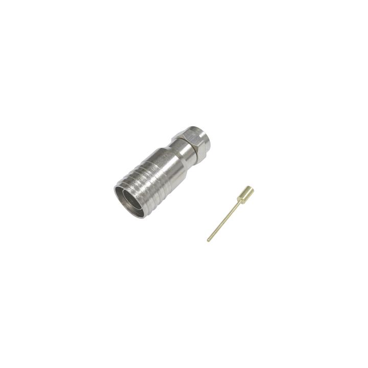 Conector F Macho en 75 Ohm, Plegable para Instalar en Cables Coaxiales RG-11, Cuerpo de Bronce-Niquelado/ Teflón.