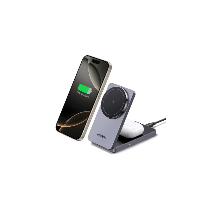 Cargador Inalámbrico 2 en 1 20W / Tecnología Qi2 15W Certificada / Carga Simultánea iPhone y AirPods / Ángulo
