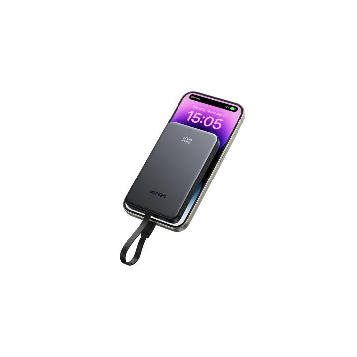 Power Bank 10000mAh con Cable Integrado 20W / Puerto USB-C PD3.0 PPS / Puerto USB-A SCP 22.5W / Batería Polímero