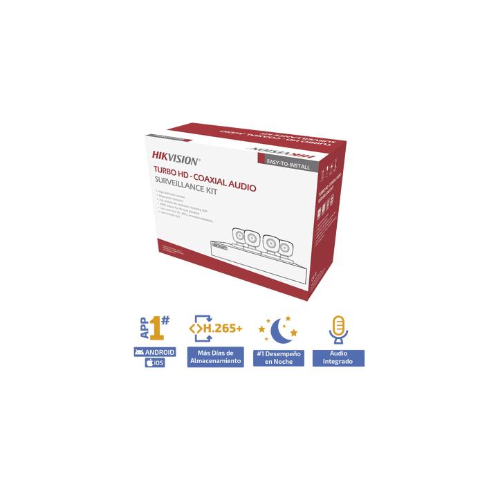 (MICRÓFONO INTEGRADO) KIT TURBOHD 5 Megapixel / DVR 4 Canales / 4 Cámaras Bala con Micrófono Integrado (exterior 2.8