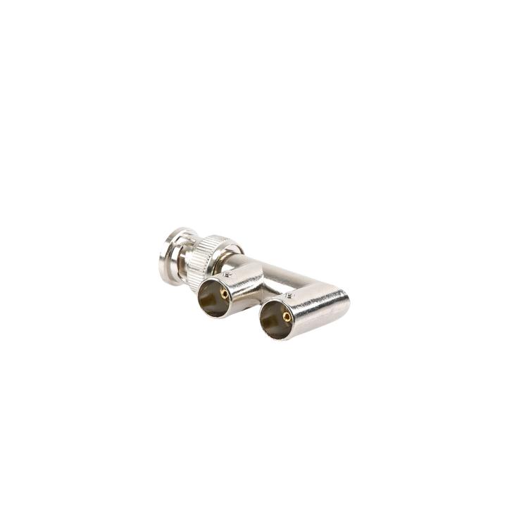 Adaptador Triple en F para 75 Ohm, de Conector BNC Macho a Doble BNC Hembra, Níquel/ Oro/ Delrin.