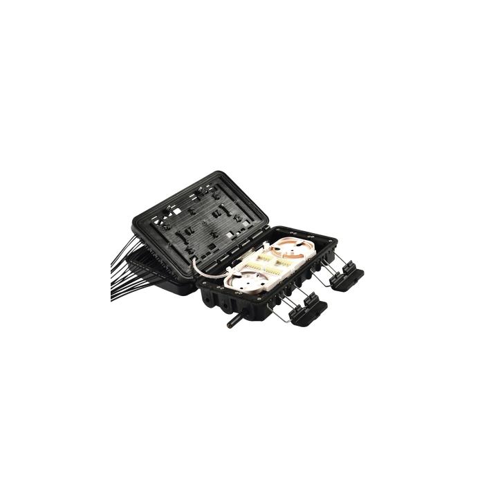 Caja de Distribución de Fibra Óptica para 24 Empalmes, con 16 acopladores SC/APC simplex, Exterior IP65, Color Negro