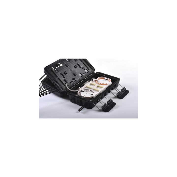 Caja de Distribución de Fibra Óptica para 24 Empalmes, con 16 acopladores SC/APC simplex, Exterior IP65, Color Negro