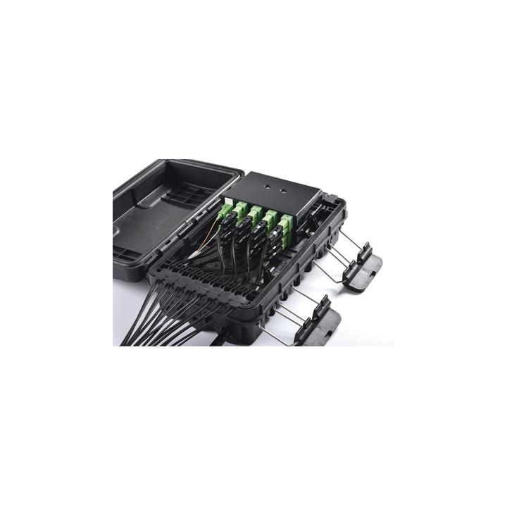 Caja de Distribución de Fibra Óptica para 24 Empalmes, con 16 acopladores SC/APC simplex, Exterior IP65, Color Negro