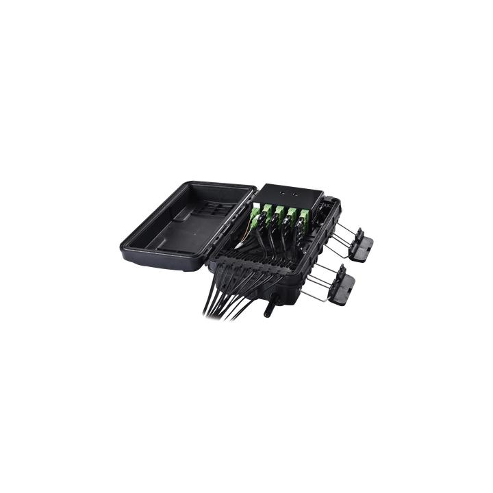 Caja de Distribución de Fibra Óptica para 24 Empalmes, con 16 acopladores SC/APC simplex, Exterior IP65, Color Negro