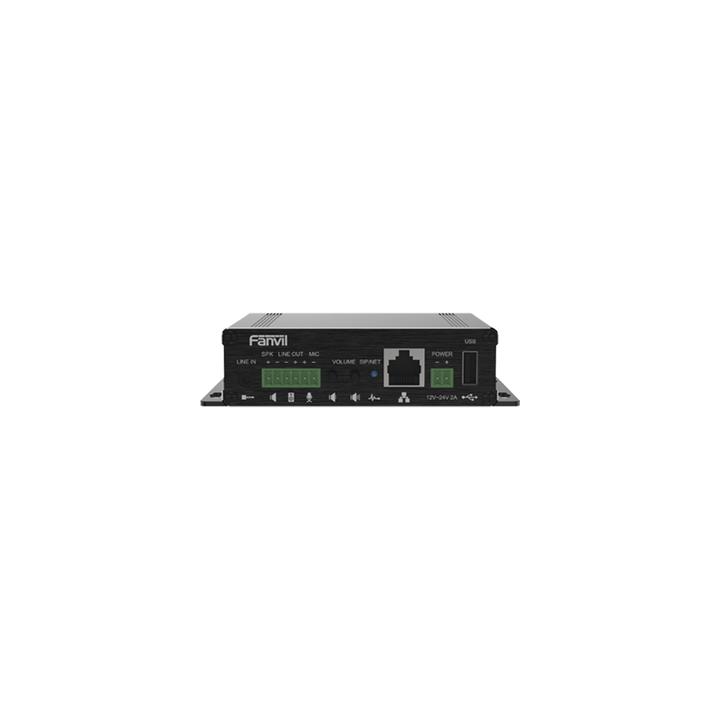 Gateway para Voceo IP/SIP,  Entrada de audio (3.5mm), salida de amplificador integrado de hasta 30W, puerto USB