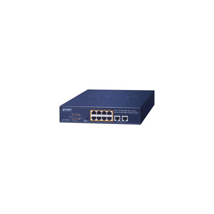 Switch de Escritorio No Administrable / 8 Puertos 10/100/1000T PoE+ 802.3at / 2 Puertos Uplink 10/100/1000T /