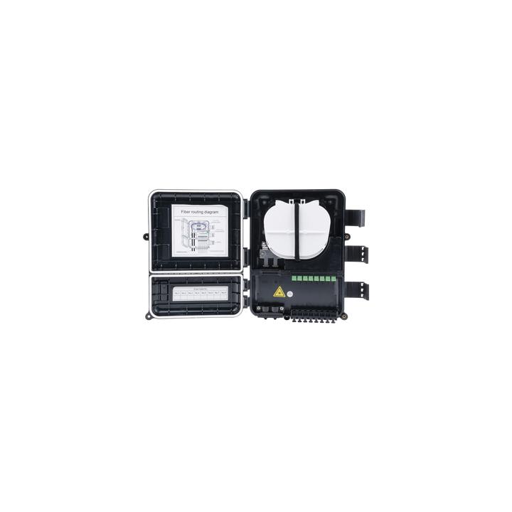 Caja de Distribución de Fibra Óptica para 24 Empalmes, con 8 Acopladores SC/APC Simplex, Exterior IP55, Color Negro