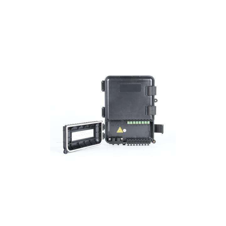 Caja de Distribución de Fibra Óptica para 24 Empalmes, con 8 Acopladores SC/APC Simplex, Exterior IP55, Color Negro