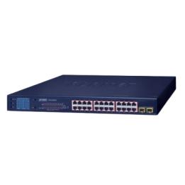 Switch PoE de 24 Puertos Gigabit 802.3af/at con Modo Extendido 250 m, 2 Puertos SFP 1000SX , Pantalla LCD para