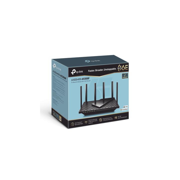 Router Triple Banda WiFi 6E / AX5400 MU-MIMO / 1 Puerto WAN 1 10/100/1000 Mbps / 4 Puertos LAN 10/100/1000 Mbps / 1