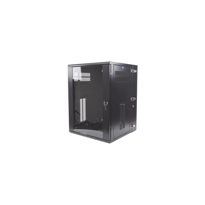 Gabinete PanZone de Montaje en Pared, de 19in, Puerta con Ventana de Seguridad, 18 UR, 635mm de Profundidad, Color Negro