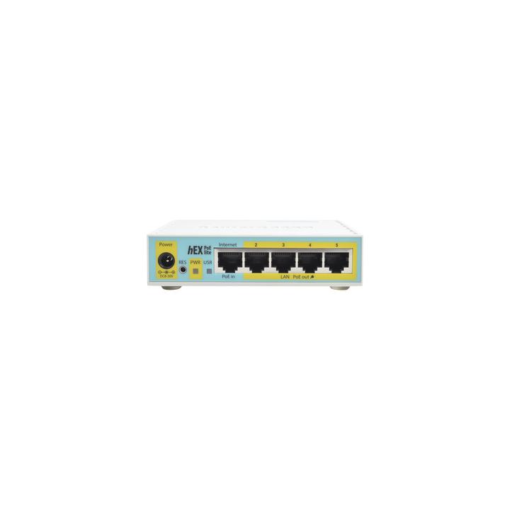 (hEX PoE LITE) RouterBoard, 5 Puertos Fast Ethernet, 4 con PoE Pasivo, 1 Puerto USB