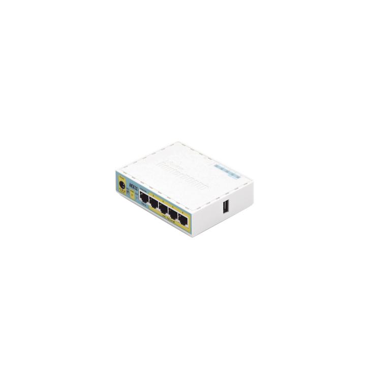 (hEX PoE LITE) RouterBoard, 5 Puertos Fast Ethernet, 4 con PoE Pasivo, 1 Puerto USB